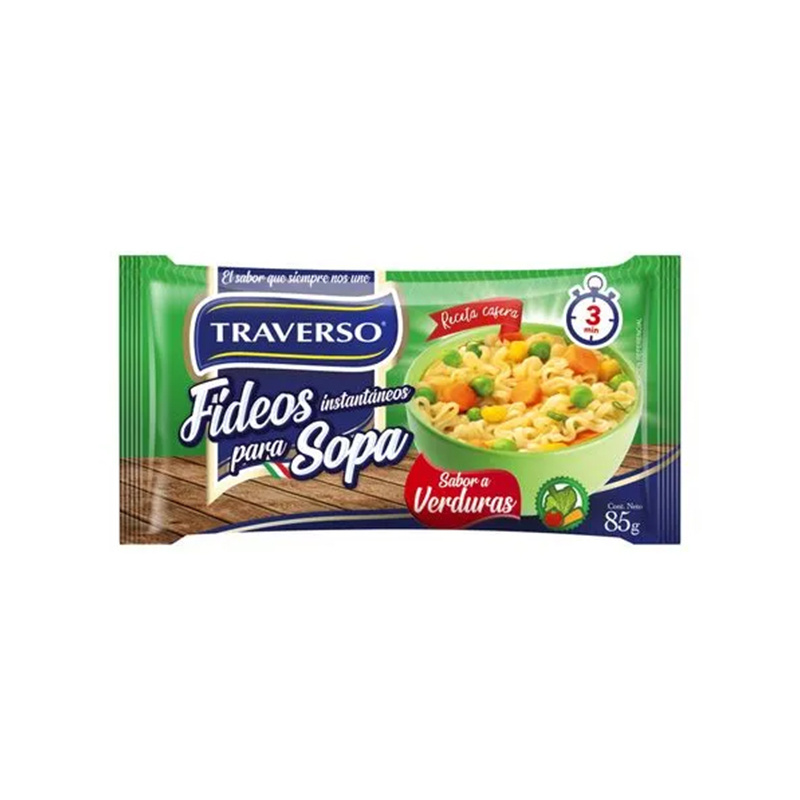 Fideos instantáneos Traverso con sachet de verduras en sobre de 85g