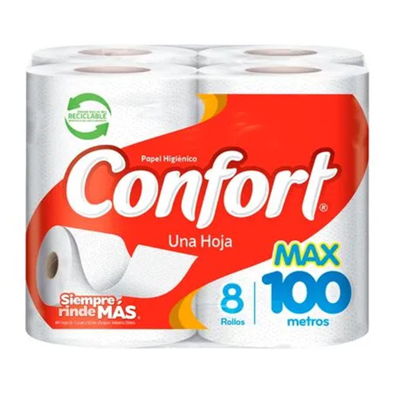 Papel Higiénico Confort Max Una Hoja 100m 8u